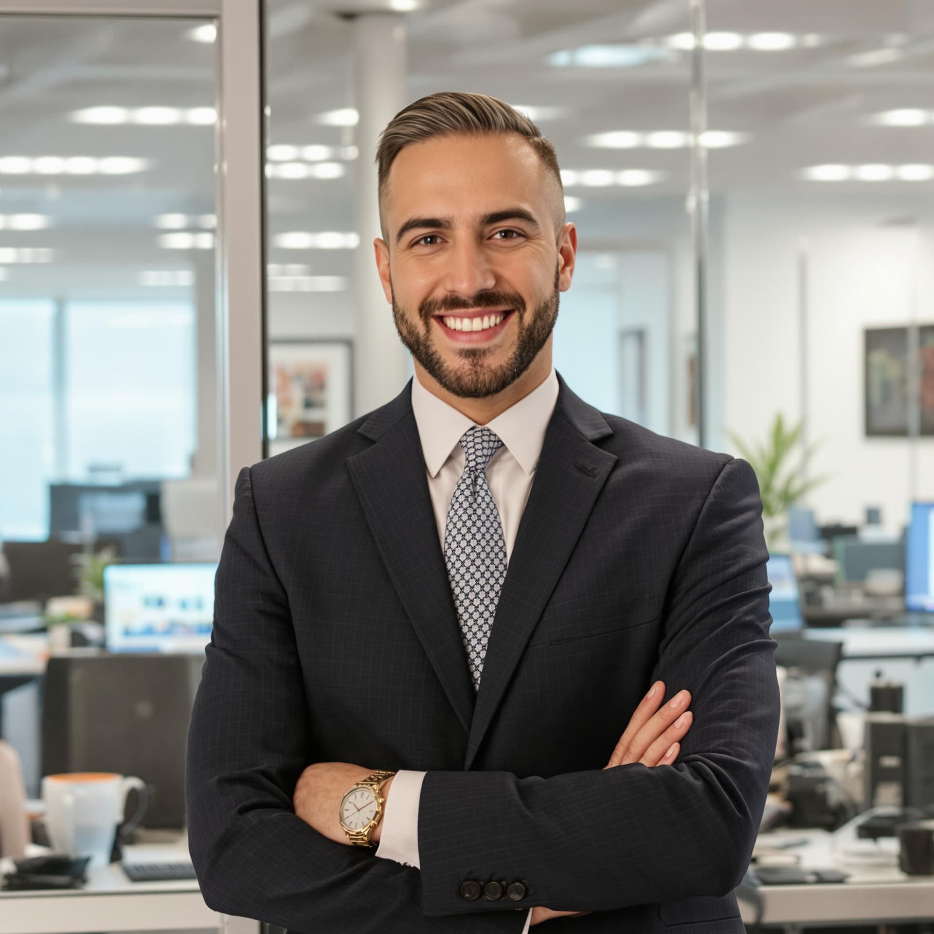 AI generated: clean shaven business man posing against office background