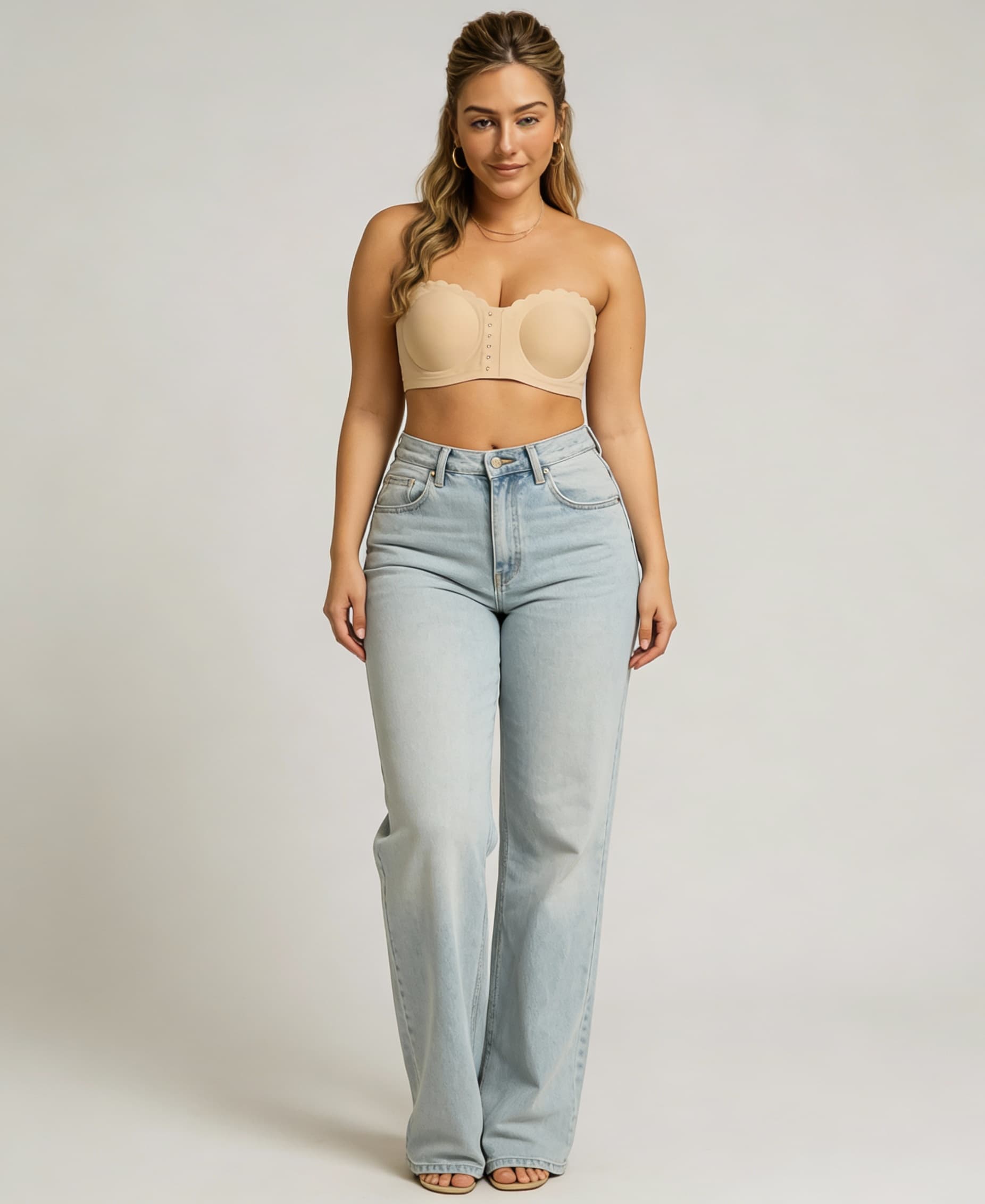 AI generated: full body photorealistic image of the woman (attached) wearing the strapless bra (attached) modeling...