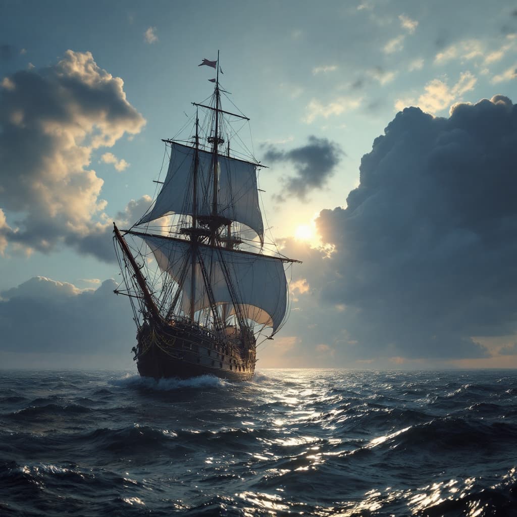 AI generated: Photo of a ultra realistic sailing ship, dramatic light, pale sunrise, cinematic lighting, battered,...