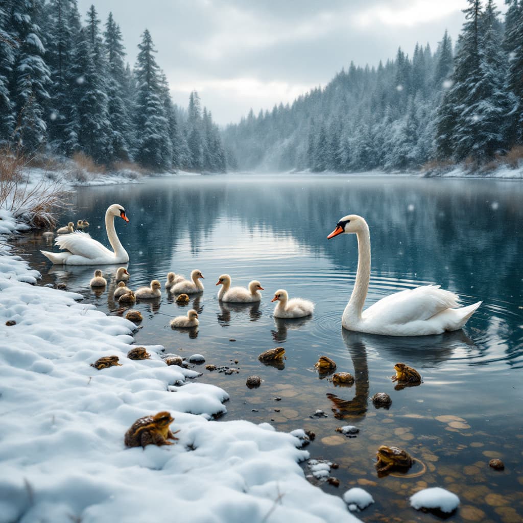 AI generated: A beautiful lake with pristine water located in a forest with swans and baby swans swimming together...