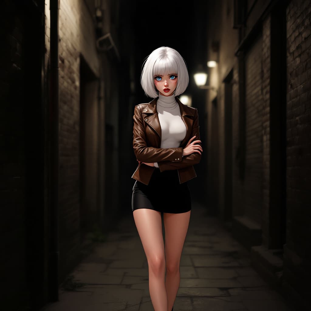 AI generated: anime, woman, white hair, bob cut, blue eyes, freckles, red lips, white turtle neck sweater, tight t...