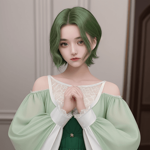 AI generated: A very beautiful girl, 16 years old. She is cute and looks young. Her hair is green, short. She is l...