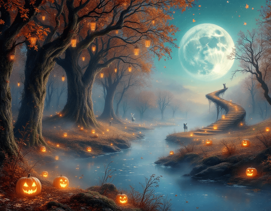 AI generated: A surreal autumn dreamscape where the season transforms into pure fantasy. The twilight sky glows wi...