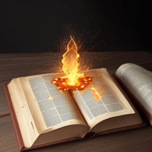 AI generated: Create and open Bible diagonal on a rustic wooden table with fire sparks coming out from the edges o...