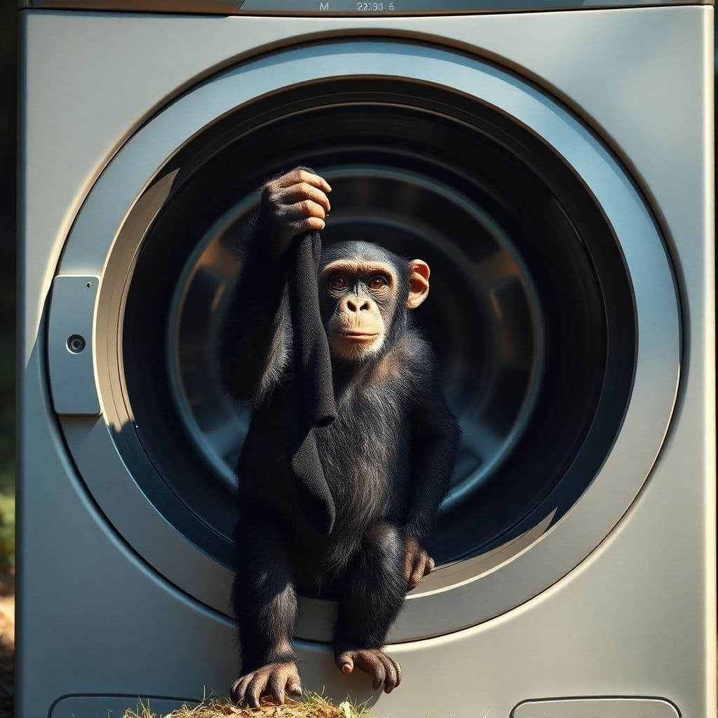 AI generated: Hyper-realistic image of a chimpanzee standing in front of a large, open washing machine in a forest...