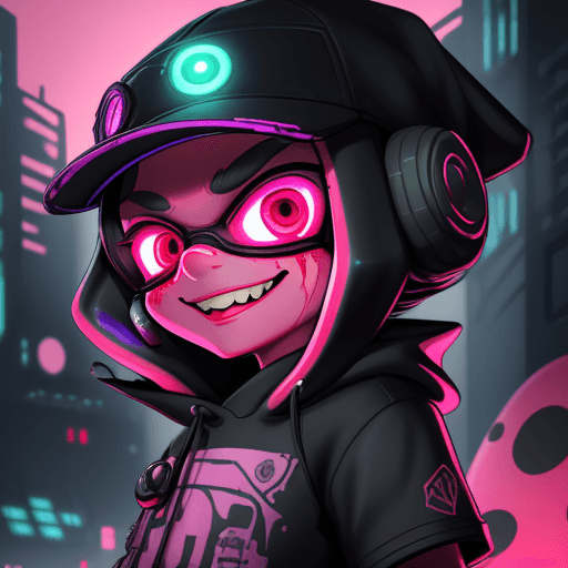 AI generated: splatoon, inkling, fyre, cute, cyberpunk city background, saturated colors, horror, sketch, creepy, ...