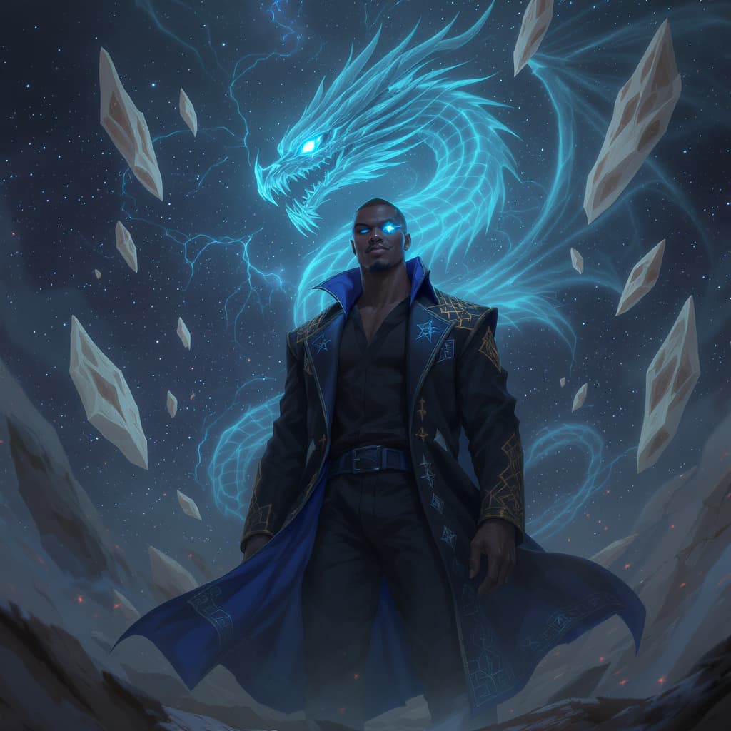 AI generated: An African American male, average height and build, standing calmly amid a fractured cosmic battlefi...