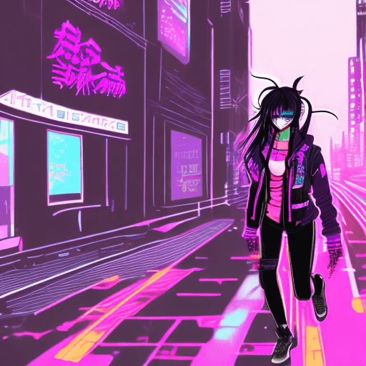 AI generated: digital illustration art,neon glow pen and marker,cyberpunk anime girl,long mix purple black tied ha...