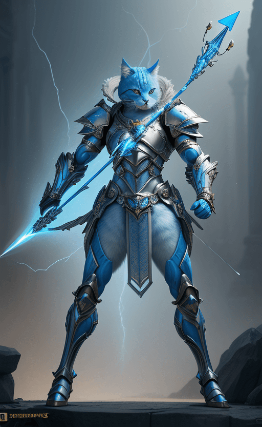 AI generated: full body shot with hyperdimensional totem implants. blue furry cat knight Sagitarius wearing a beau...