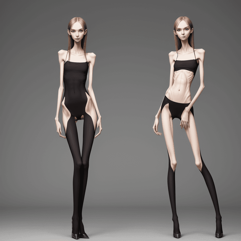 AI generated: extreme beautiful skinny slender (almost anorexic) girl with skinny slender thighs narrow, long fing...