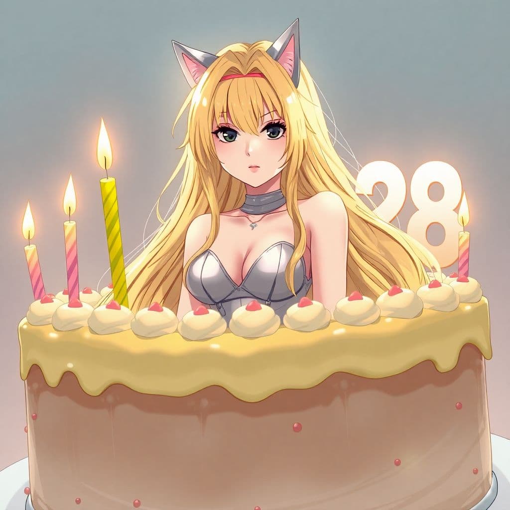 AI generated: a full body anime style illustration of a woman with blond long hair, siting in a huge birthday cake...