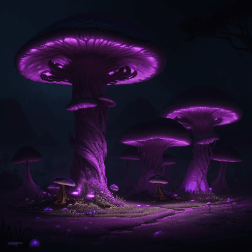 AI generated: concept art painting of a fantasy alien fungal landscape at night, magenta trees, glowing blue mushr...