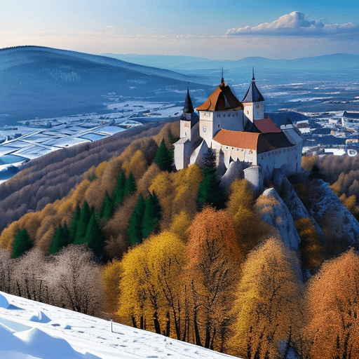 AI generated: mesto ktoré je vo vesmíre, budovy svietia každá inak, mesto stráži veľký žltočervený drak