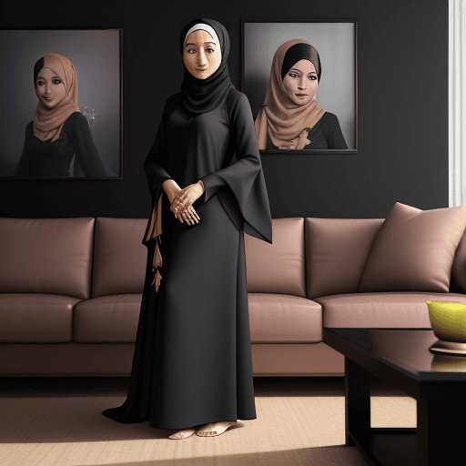 AI generated: color oil painting, a Indonesian woman (((wearing a hijab:1.8))), wearing a black baju kurung, the b...