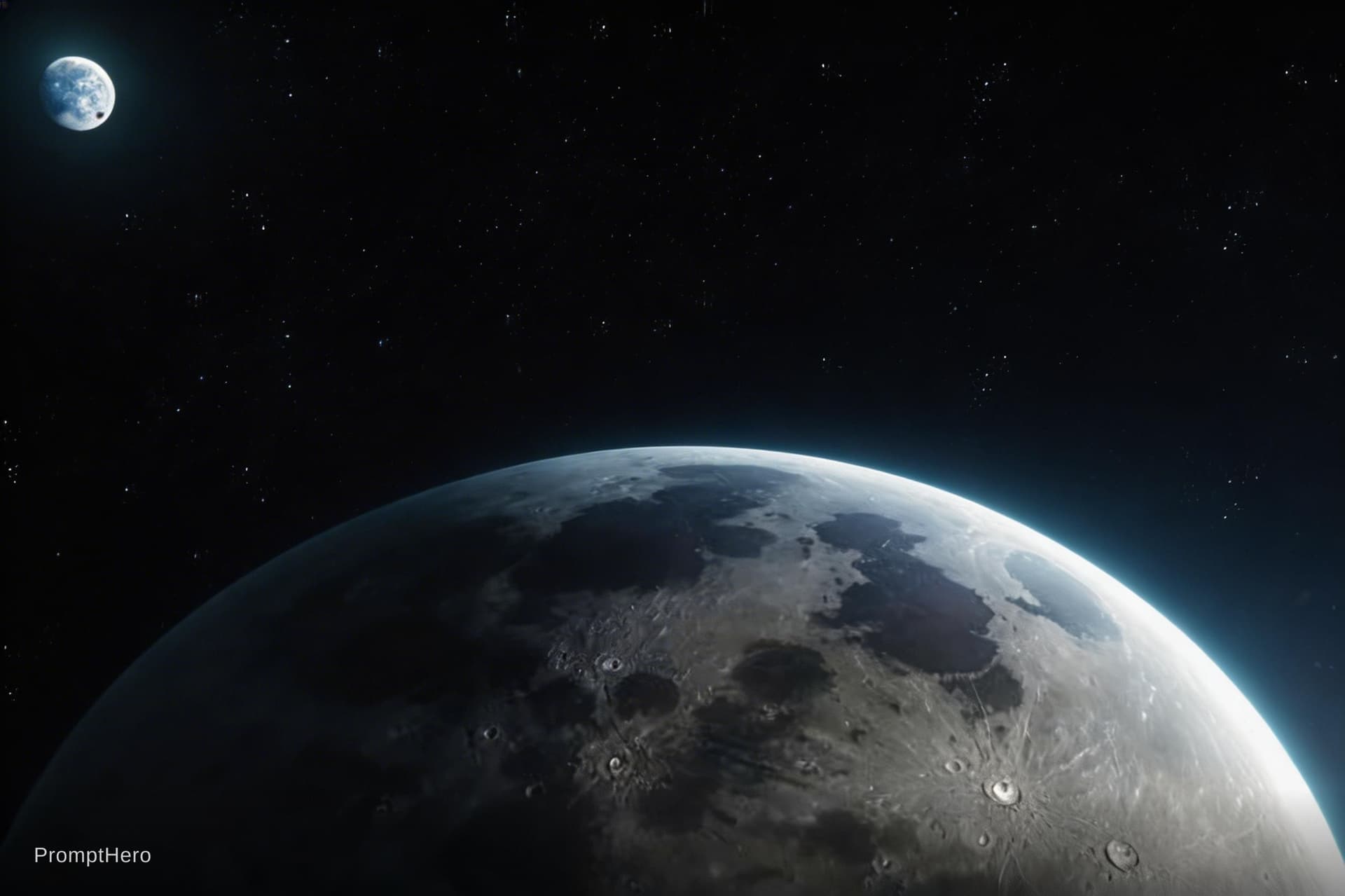 AI generated: Create a new visual from this reference image. Bring the Moon and the Earth down shoing more of the ...