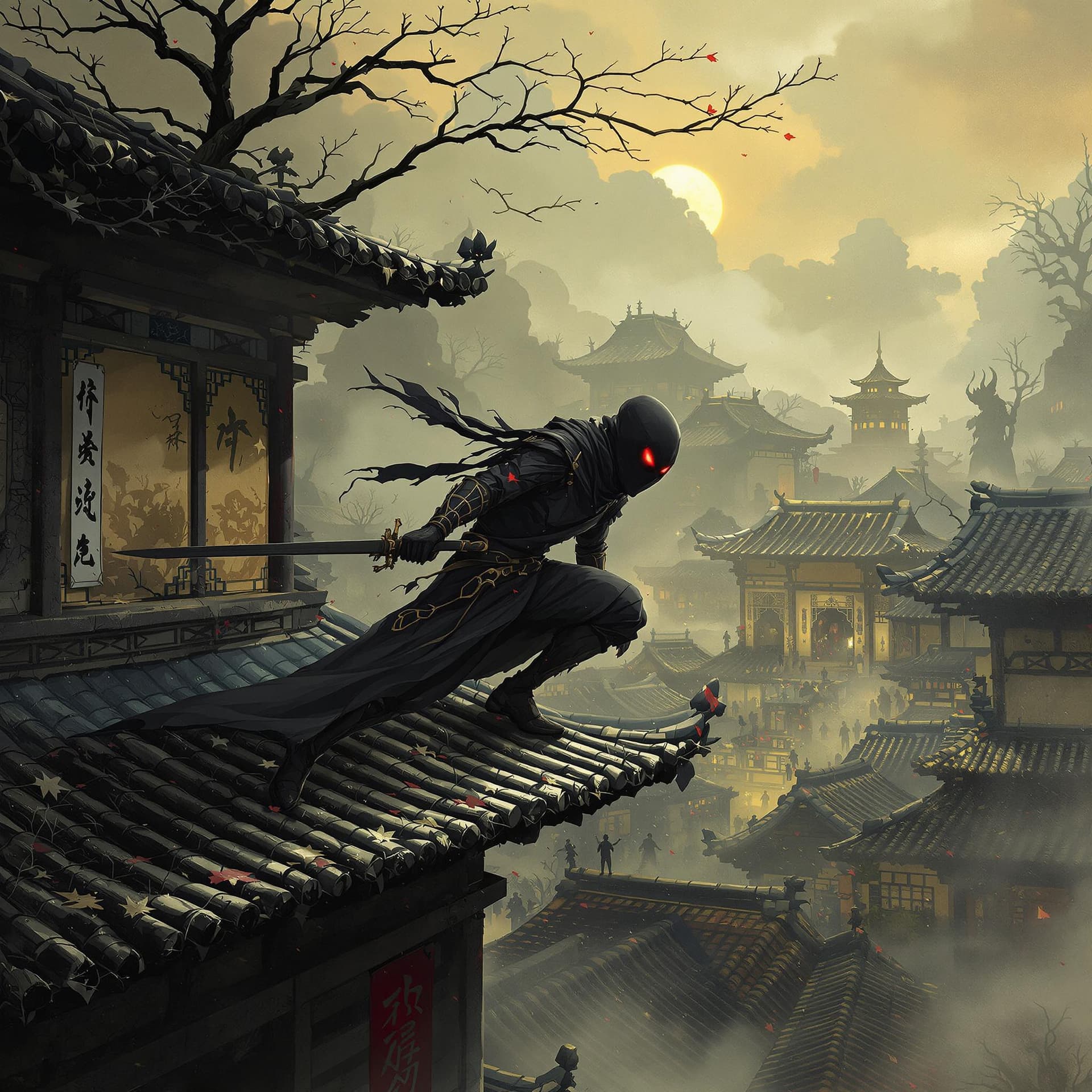 AI generated: a ninja creeping across the roof tops of an ancient village in his quest to rid the village of evil ...