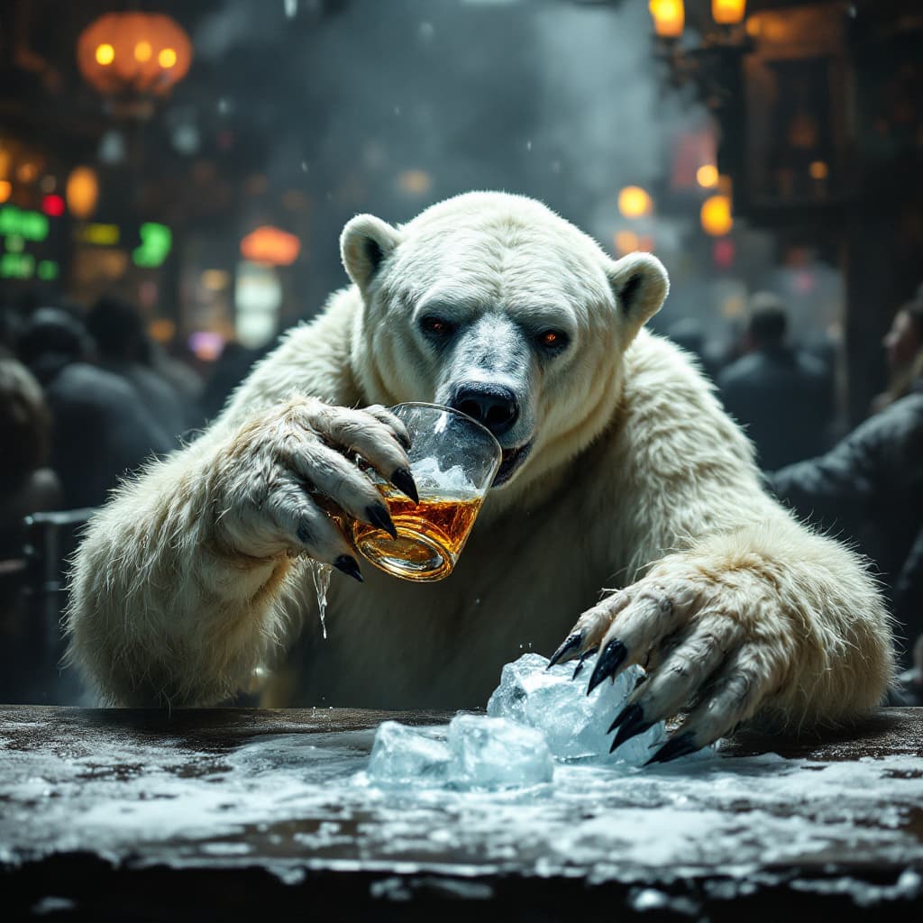 AI generated: full body shot of a drunk and very skinny polar bear drinking a scotch witha cube of melting ice
 in...