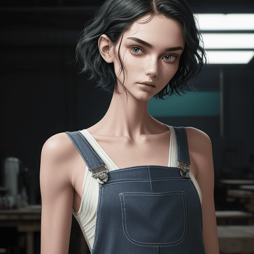 AI generated: Slim, slender, viewer gaze, practical overalls, graceful silhouette, short wavy hair, modern vibe, 1...