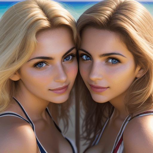 AI generated: High resolution photography two greek  female friends in a beach  both looking at camera close up vi...