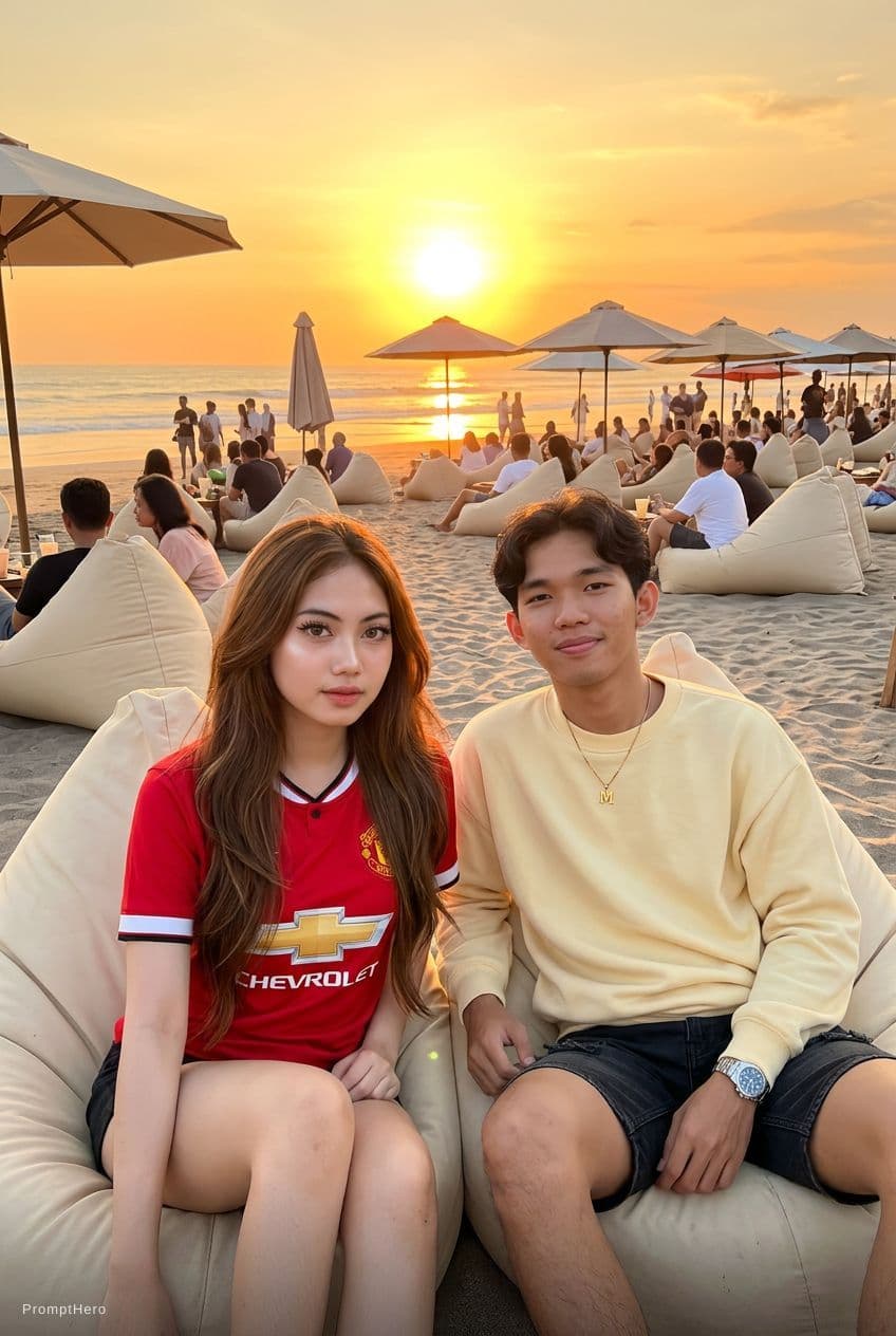 AI generated: Edit foto yang aku kirim ini menjadi seorang Peria dan wanita muda sedang duduk santai di bean bag d...