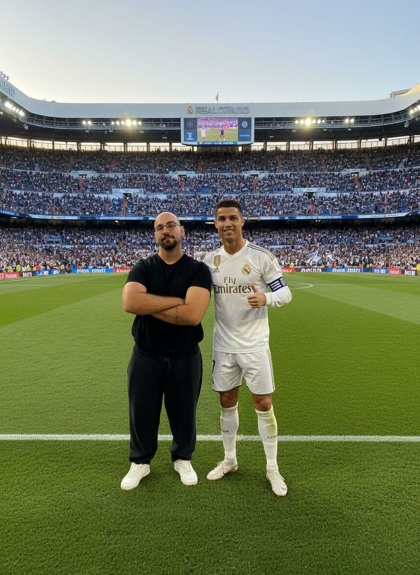 AI generated: Este chico y cristiano ronaldo en el bernabeu.