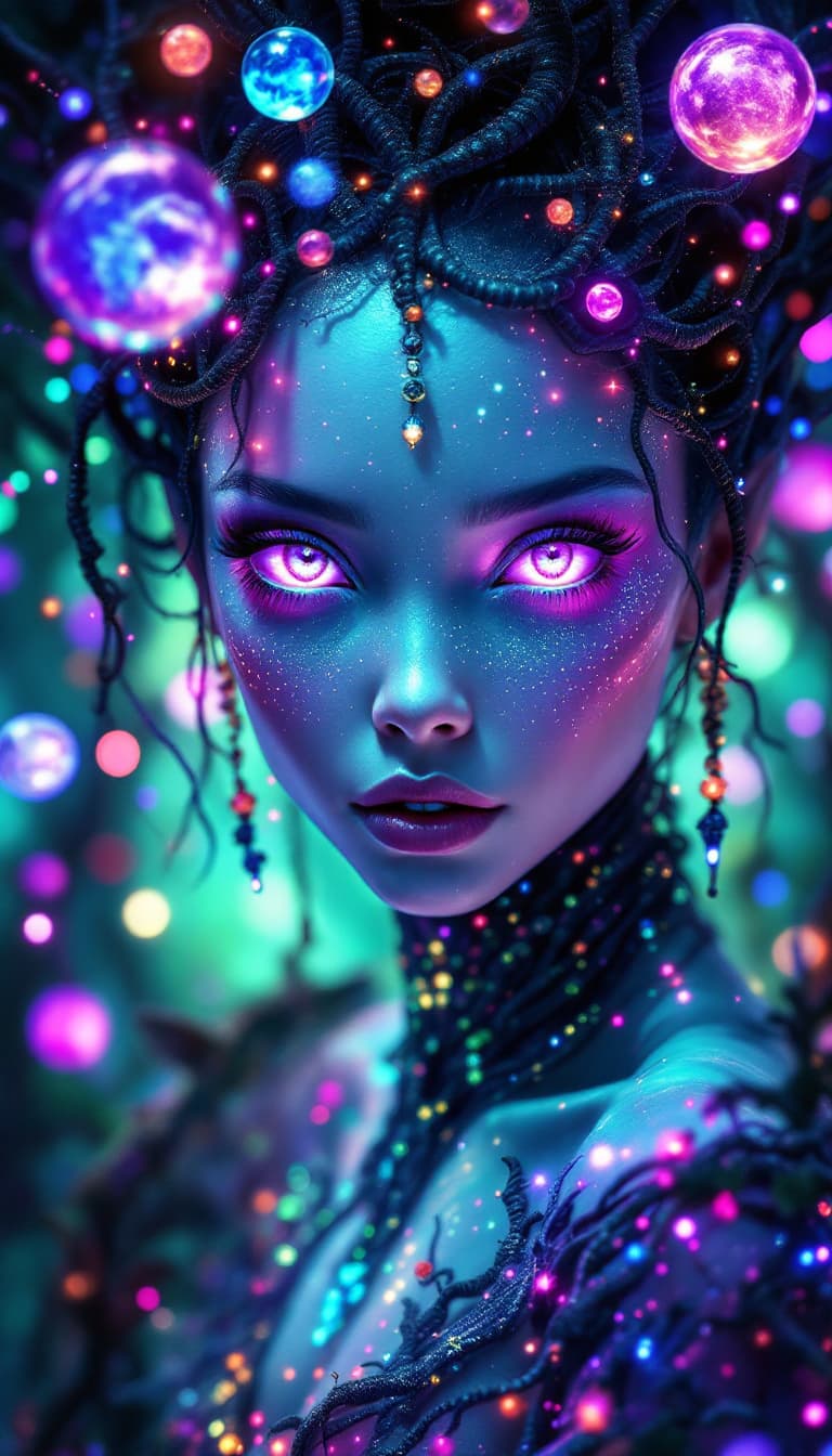 AI generated: Surreal 4k painting of a beautiful alien princess with expressive lilac eyes and cosmic features. He...