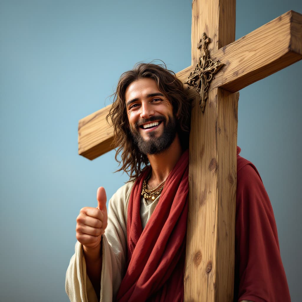 AI generated: Jezus carrying a cross  with a smile on his face. Thumbs up!
