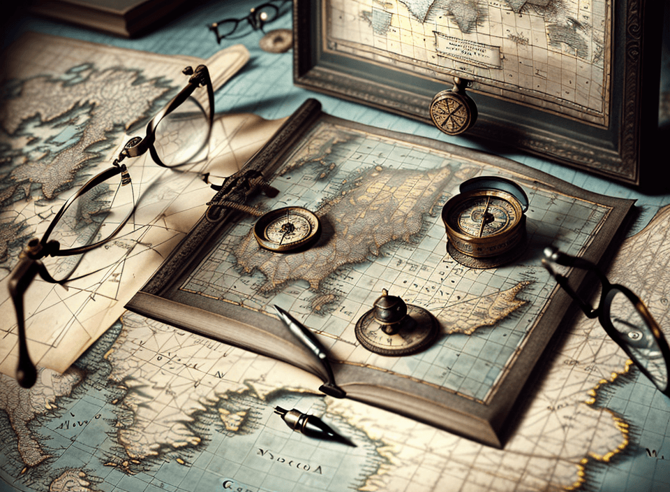 AI generated: High resolution photography interior design, Historical world map, small compass, metal-framed glass...