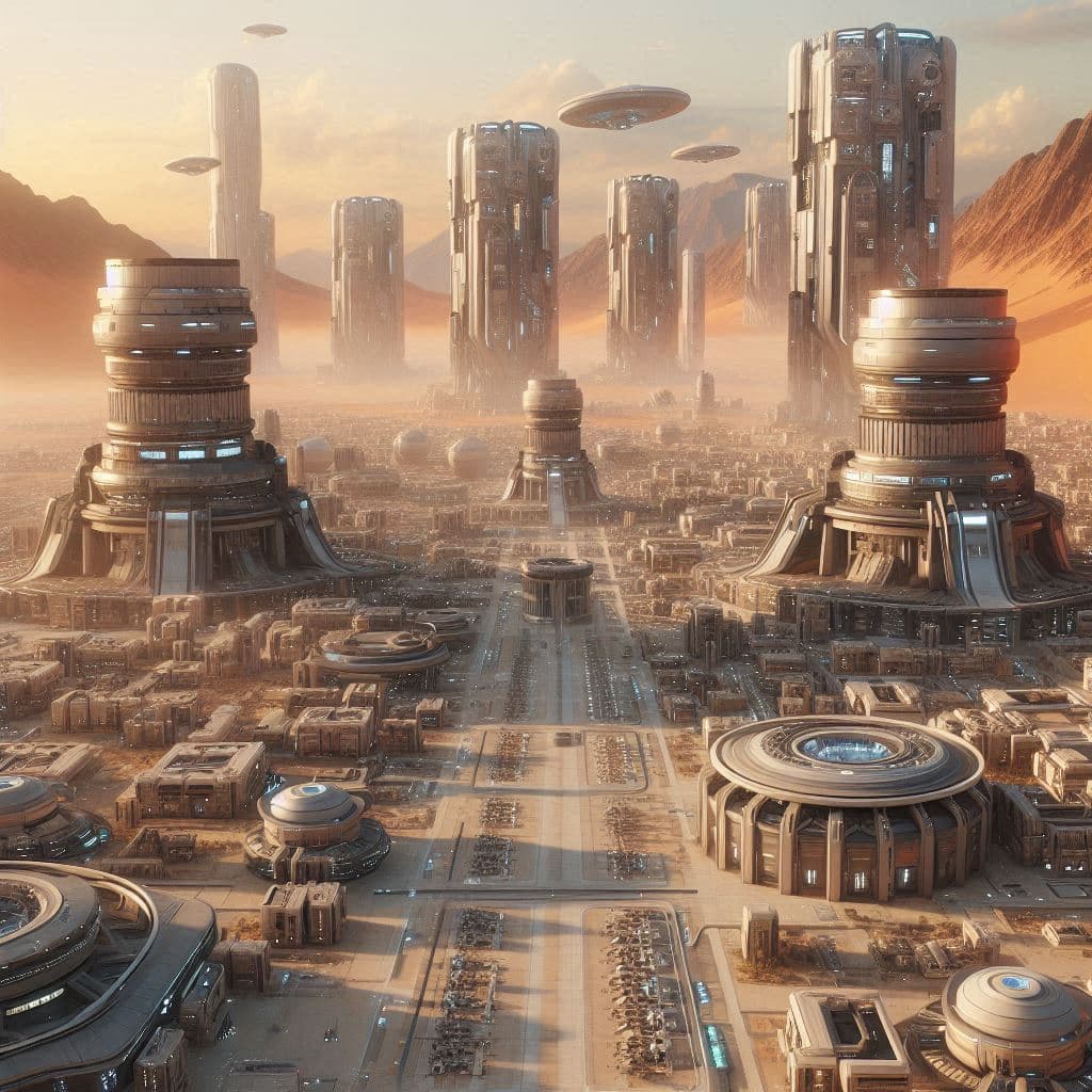 AI generated: futuristic village in a desert, style of Star Wars, lots of buildings, wide angle, octane render, 4k...