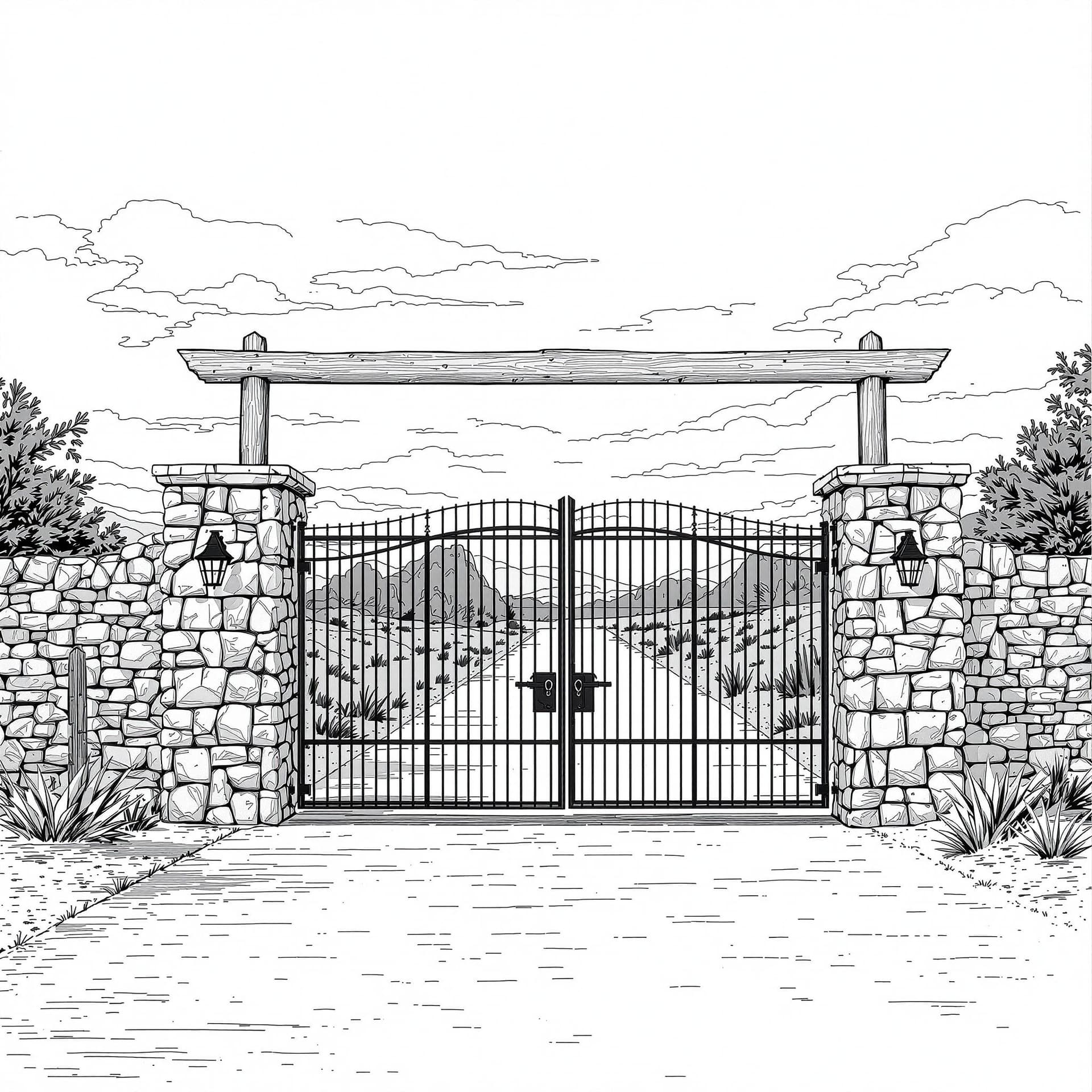 AI generated: Can you please give me an architectural exterior elevation of an AUTOMATED ROLLING HOG WIRE ENTRY GA...