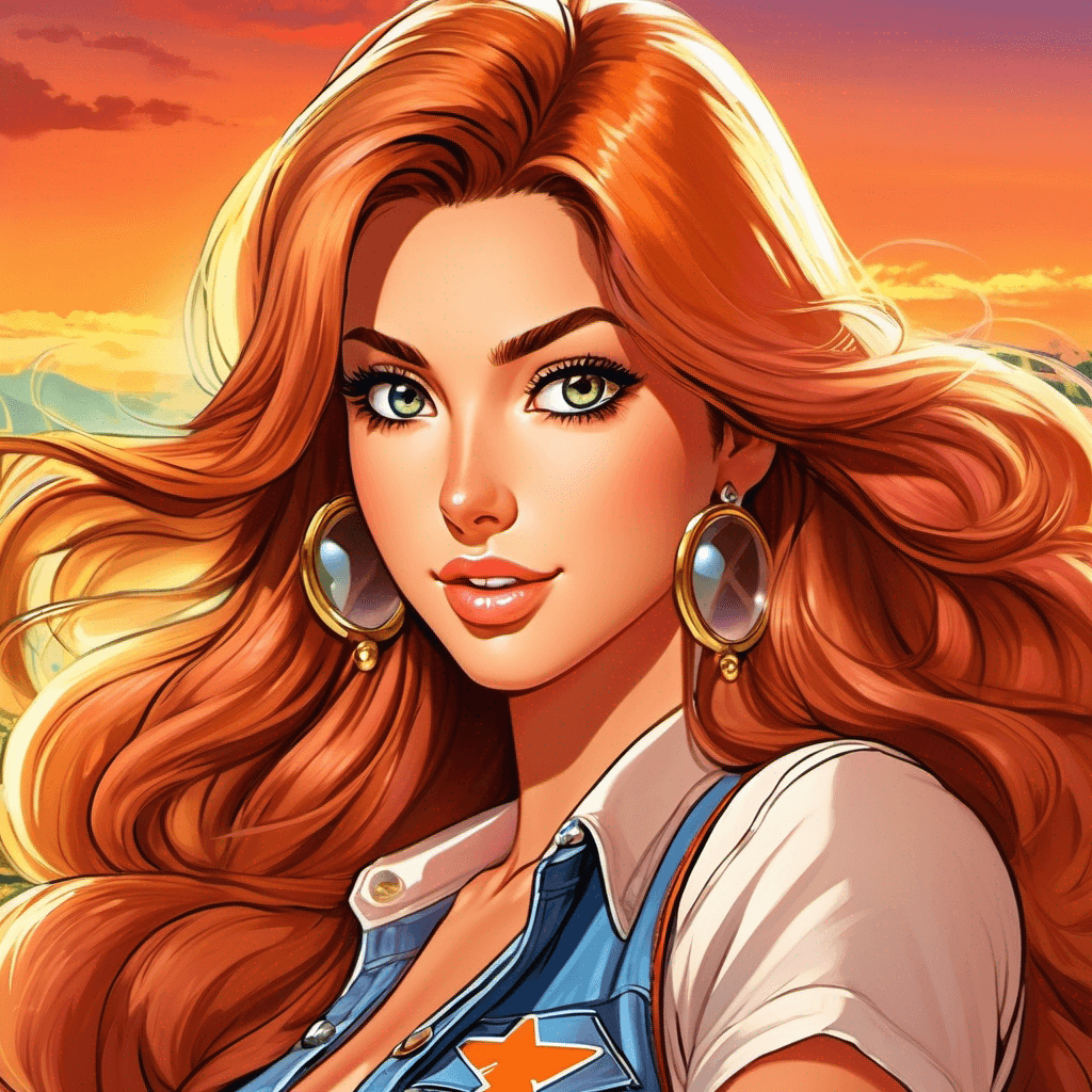 AI generated: A classic vintage Anime portrait version of Daisy Duke from Dukes Of Hazzard, long cherry red wavy h...