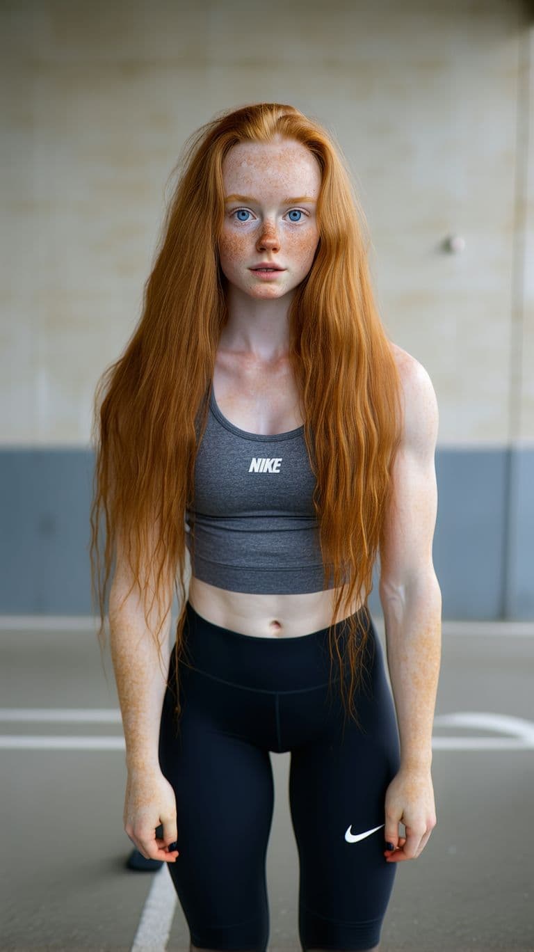 AI generated: a beautiful 22 year old long haired ginger girl with blue eyes, warming up for her gym session with ...