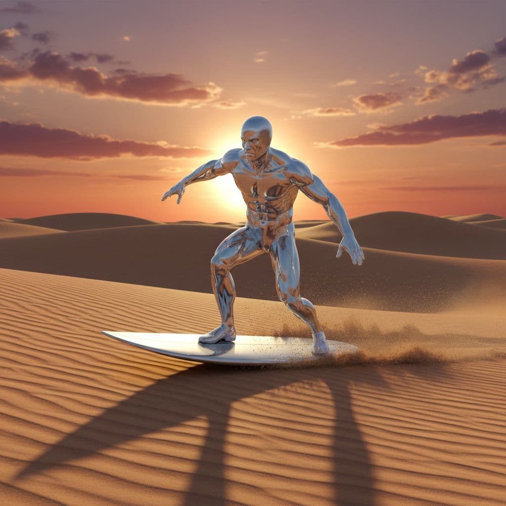 AI generated: Silver Surfer, 5D UHD 8x ultra sharp,focus, rendering, soft lighting, Realistic ,balanced detailed c...