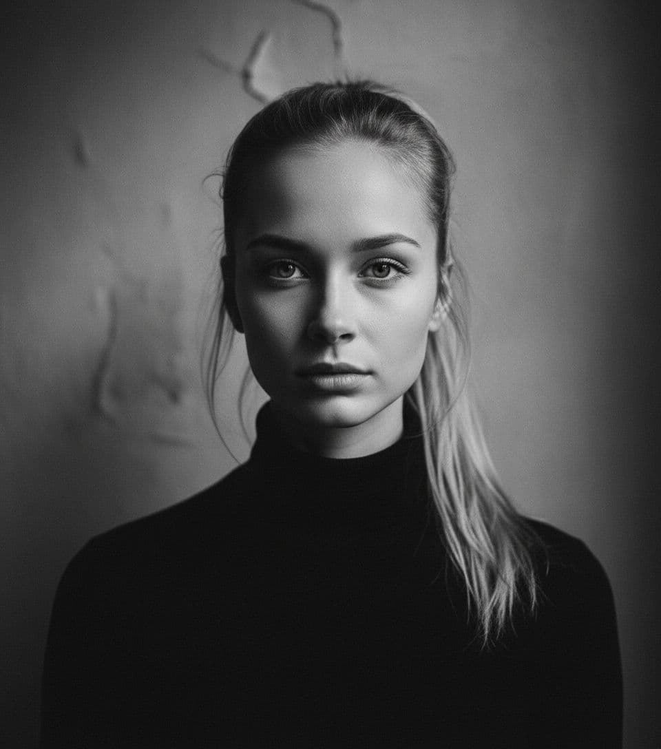 AI generated: Headshot portrait of a young blonde woman with a ponytail, wearing a black turtleneck sweater, looki...