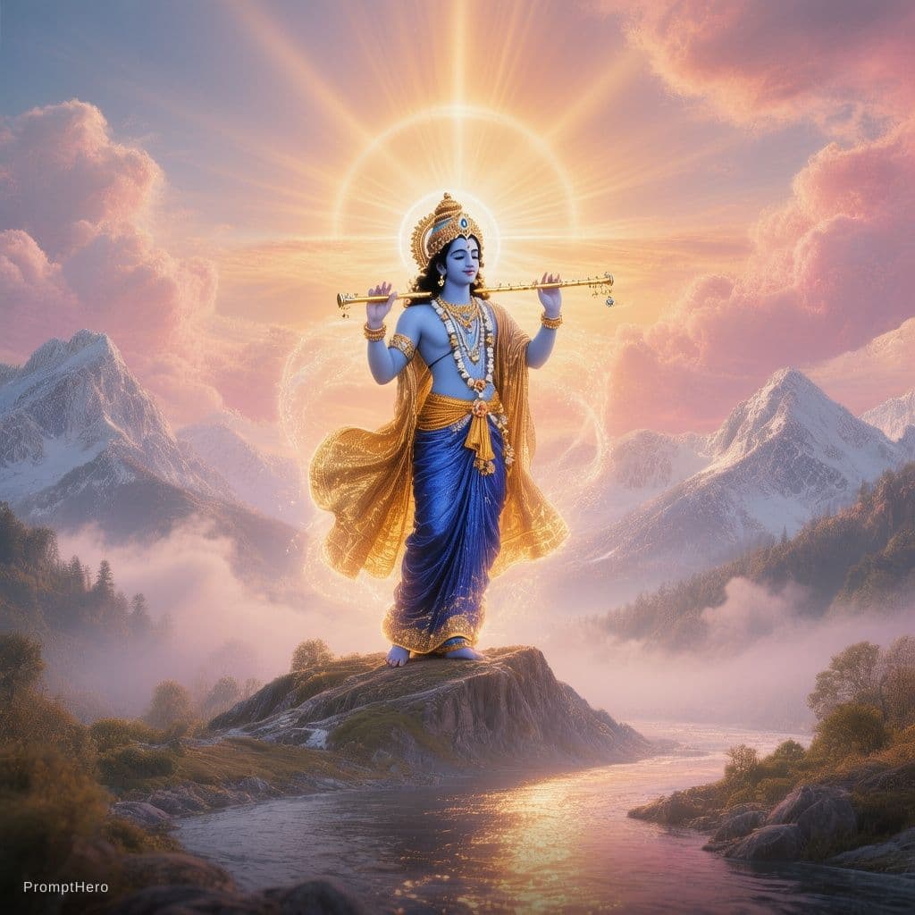 AI generated: A divine cinematic background image of Lord Krishna standing gracefully on a majestic mountain peak ...