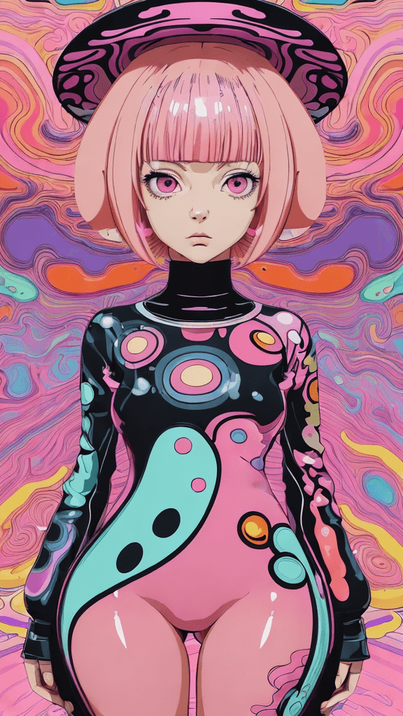 AI generated: in a funky background portrait of little mushroom woman, pink hair, Prominent eyes, funky background...