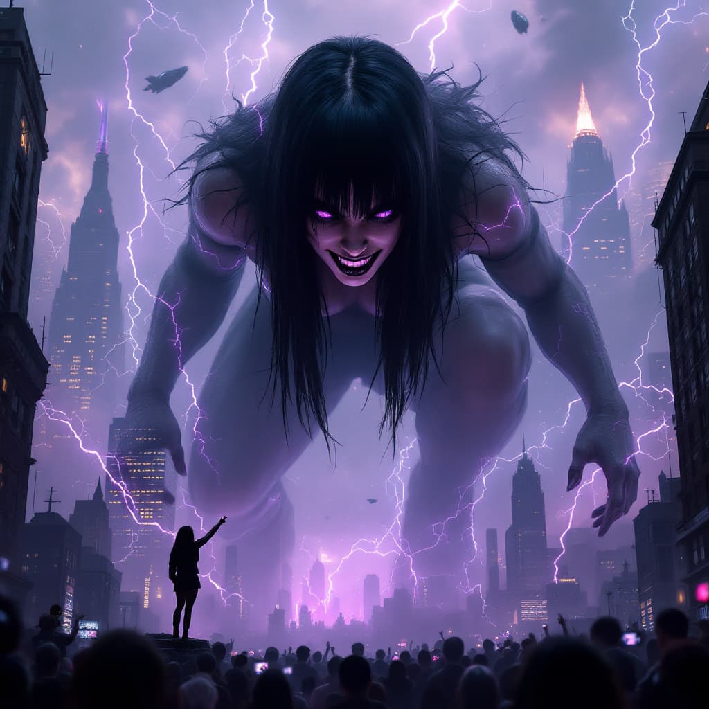 AI generated: enormous giantess female who looks exactly like WWE superstar 
 Rhea Ripley with black medium length...