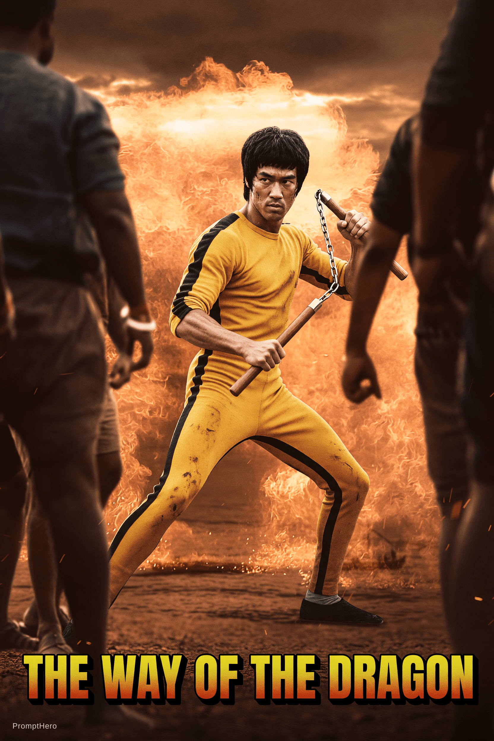 AI generated: A detailed illustration of Bruce Lee in his iconic role from the 1972 film "The Way of the Dragon," ...