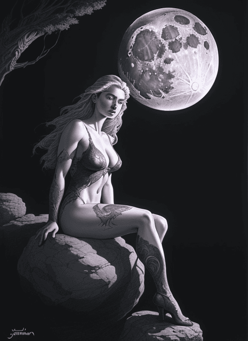 AI generated: a drawing of a woman sitting on a rock, an ink drawing, by John Moonan, fantasy art, large detailed ...
