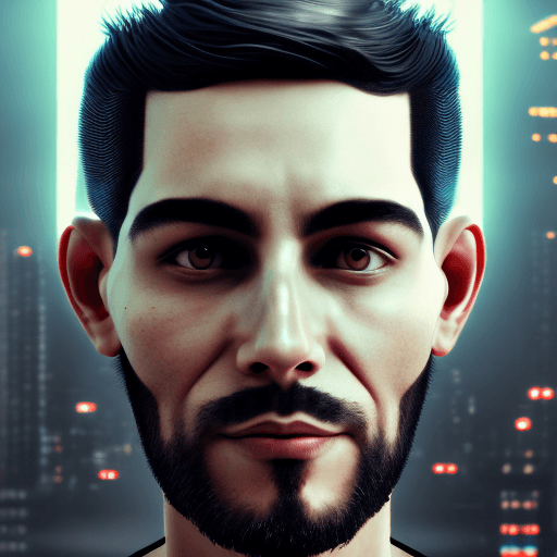 AI generated: cyberpunk, priest, man, look into the frame, black short hair, black short beard, crucifix on the ne...