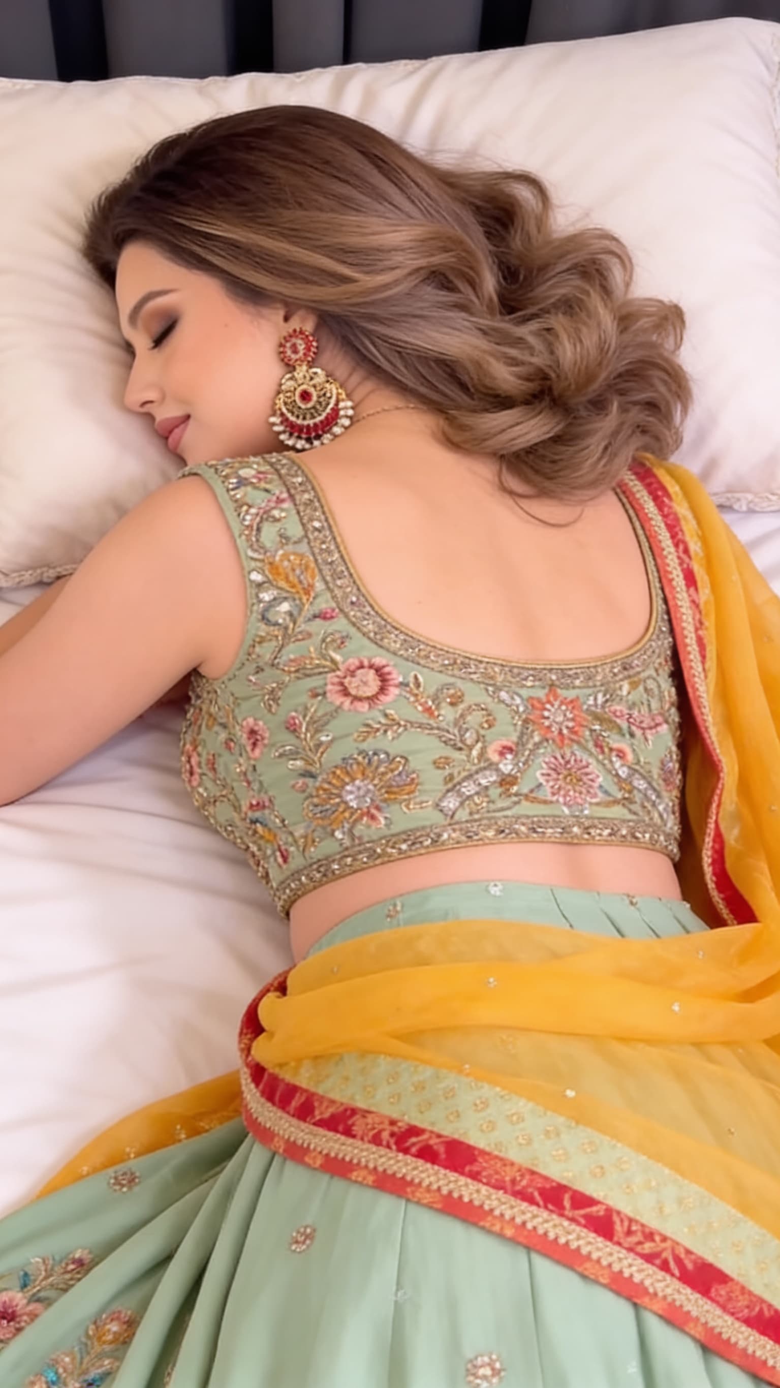 AI generated: Create the ultra high realistic image as this Pakistani women is sleeping lying face down on bed wit...