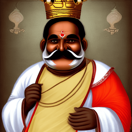 AI generated: A jolly, middle-aged Kerala man with a large mustache and a crown on his head, has a fat stomach, we...