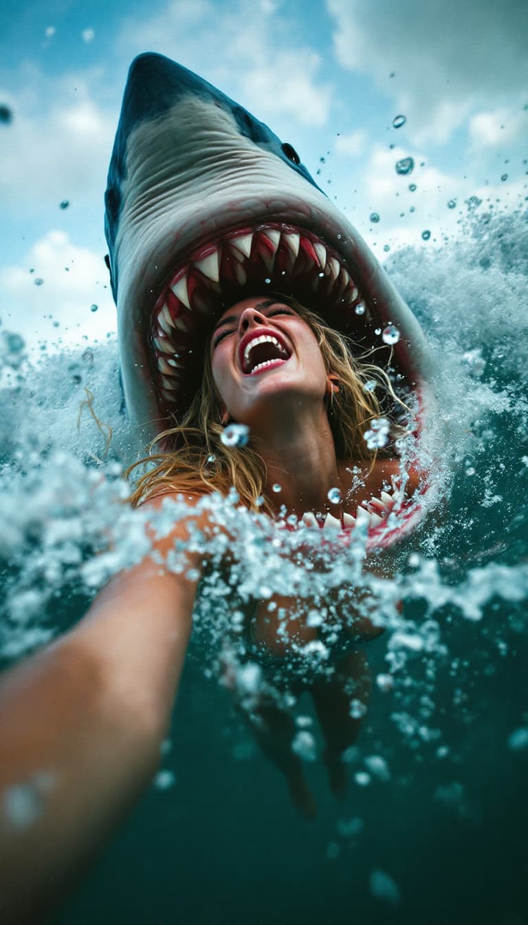 AI generated: A candid closeup selfie angle gopro photo of a gorgeous blonde young screaming women, she is swimmin...