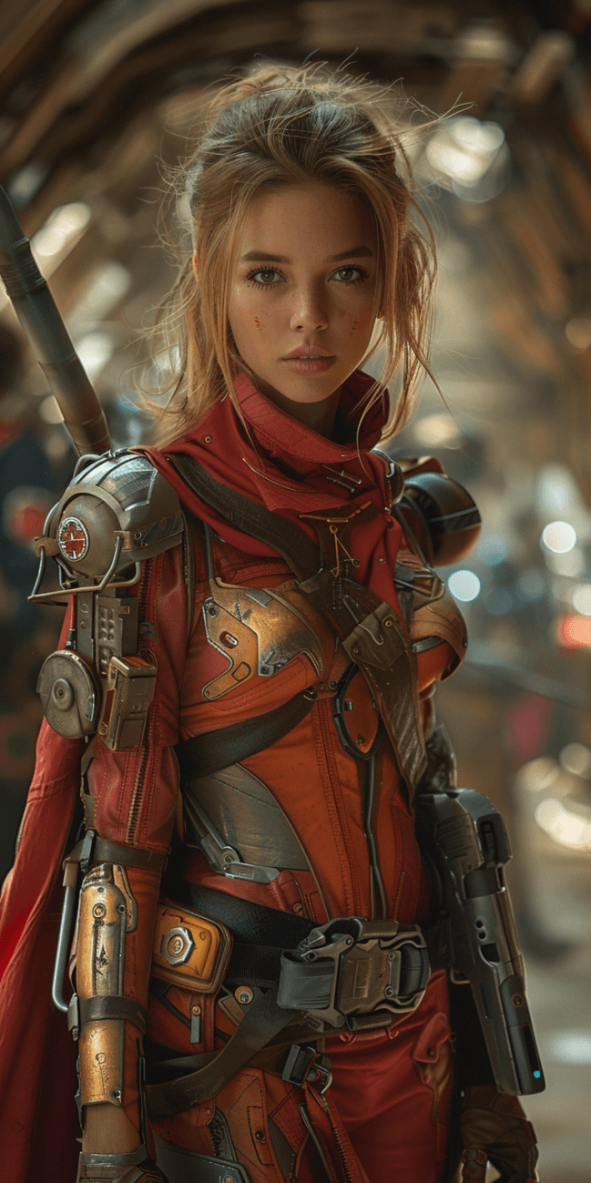 AI generated: Cyberpunk, A cyberpunk elf with a sword in one hand and a pistol in the other. She has a chrome arm....