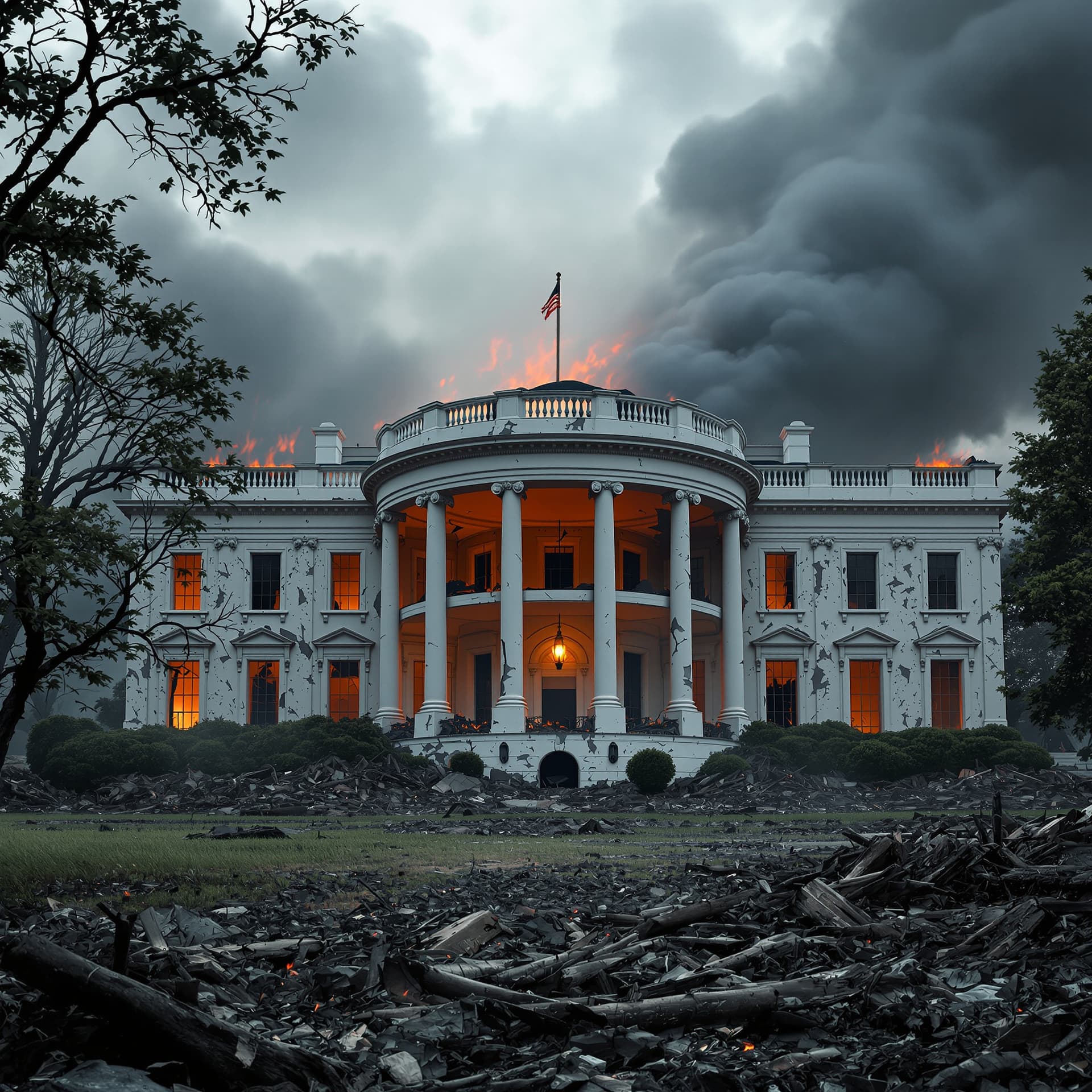 AI generated: front view of a post world war 3 destroyed with walls missing, THE BUILDING IS CRUMBLING AND ENGULFE...