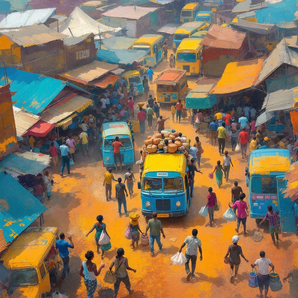 AI generated: A trotro station in Accra, captured in a stunning impressionist-style digital painting, bursting wit...
