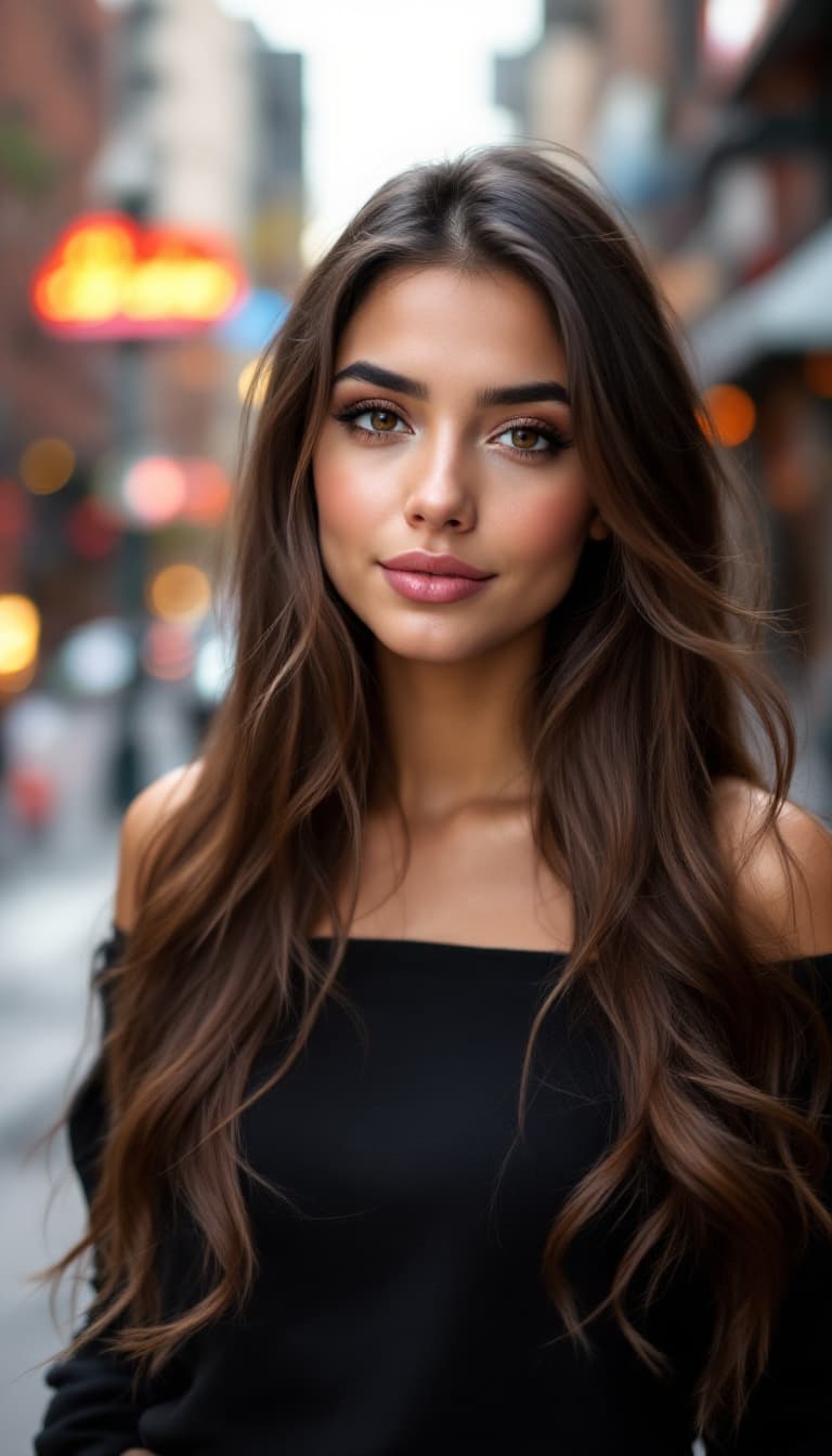 AI generated: A 26-year-old Latina woman with long, thick chestnut brown hair cascading over her shoulders, deep b...
