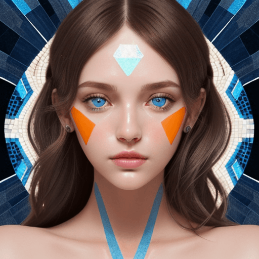 AI generated: A close-up portrait of a woman's face in a mosaic collage style. The woman is facing forward symmetr...