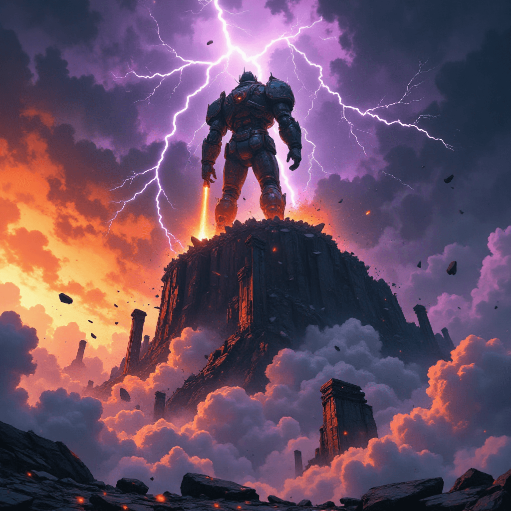 AI generated: Colossal sky titans clashing on a shattered cloud plateau::1.5  
roaring thunderstorms and forked l...