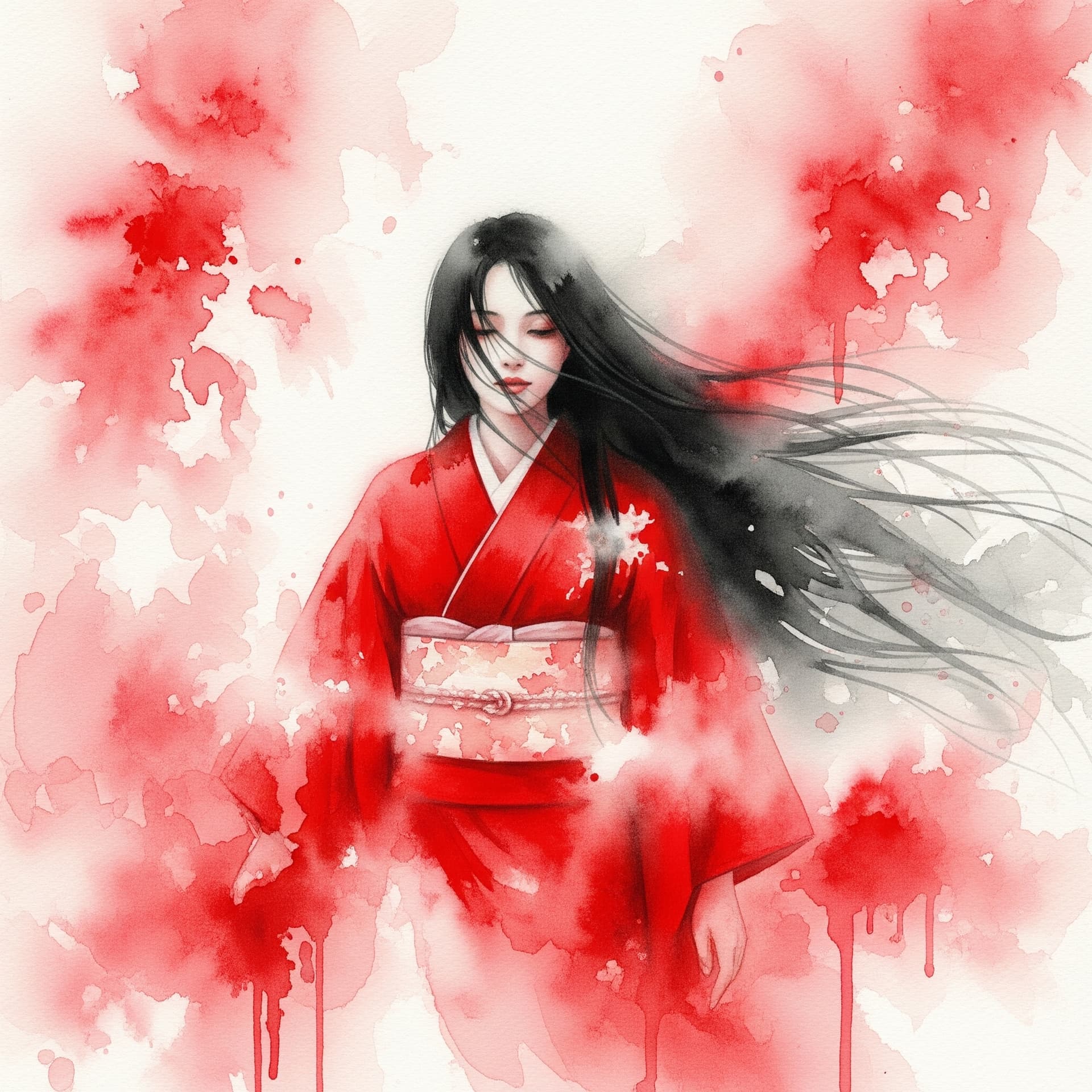 AI generated: A highly Impressionistic watercolor vision. Conjure a dream figure of a woman with long, flowing bla...